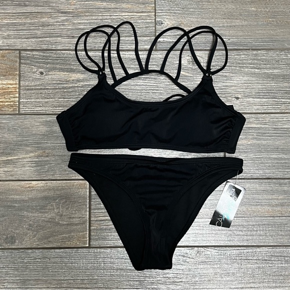 NWT California Waves Bikini Set Junior's Small OR Medium Black Ribbed Strappy - Picture 14 of 16